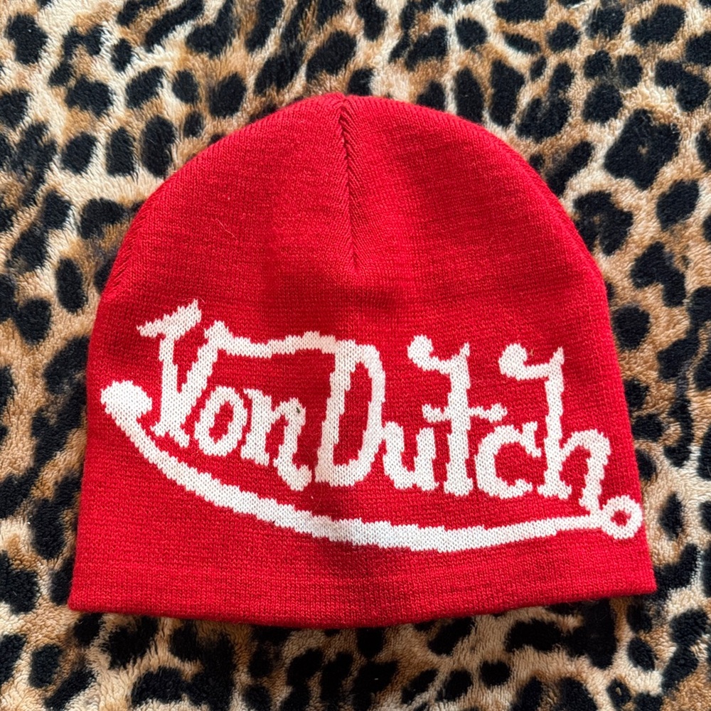Von Dutch Red Beanie with White Script Logo